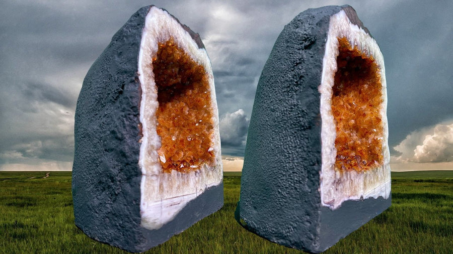 "FENG SHUI FUNNELS" High Quality Citrine Geode Pair 13.00 Crystals CG-50