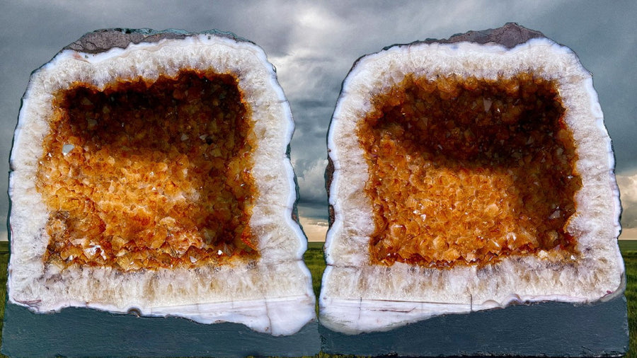 "FENG SHUI FUNNELS" High Quality Citrine Geode Pair 13.00 Crystals CG-50