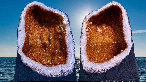 "STRENGTH THROUGH THE HARDSHIPS" Huge High Quality 19.00 Citrine Geode Pair CG-47