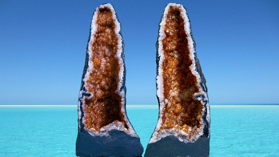 "TOWERING FLAMES OF PASSION" Tall High Quality Citrine Geode Pair 22.00 Crystals CG-45