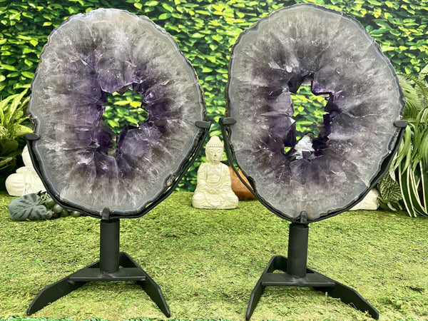 "PEANUT BUTTER & JELLY" 2 Amethyst Geode Slices 16.00 High Quality w Swivel Stands NS-551