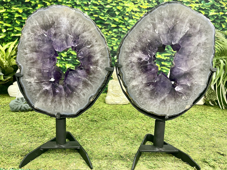 "PEANUT BUTTER & JELLY" 2 Amethyst Geode Slices 16.00 High Quality w Swivel Stands NS-551