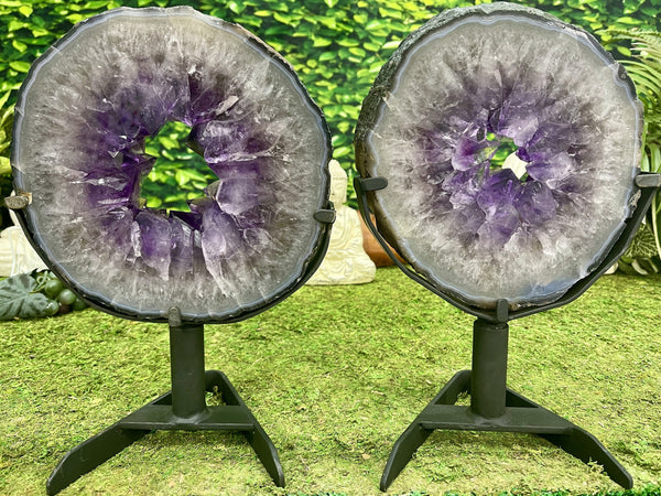 "SALT & PEPPER" 2 Amethyst Geode Slices 13.00 High Quality w Swivel Stands NS-552